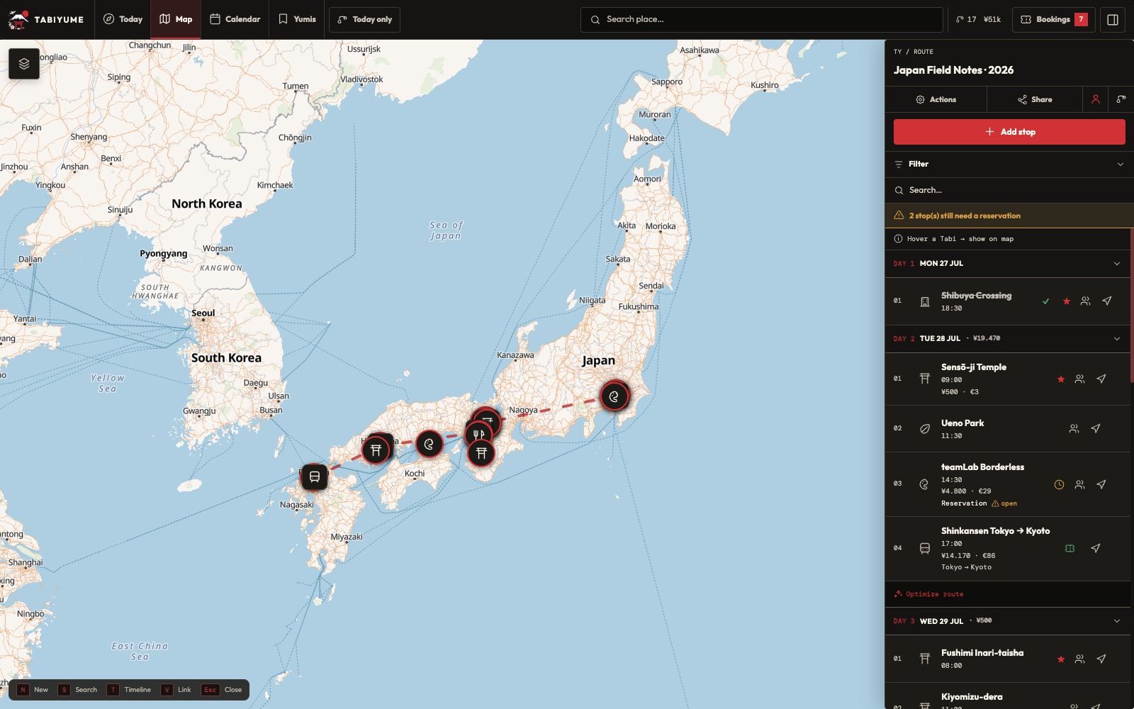 Tabiyume Reiseplanung mit Japan-Karte, Reiseroute und Tagesplanung